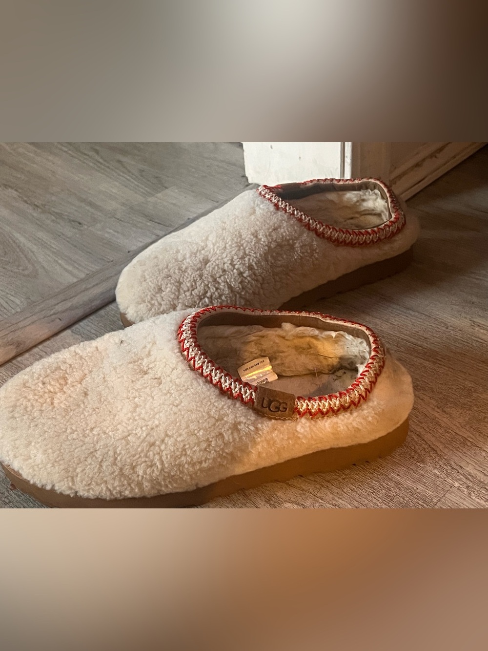 UGG Cream Shearling Slip-On Slippers with Red Trim Tasmans